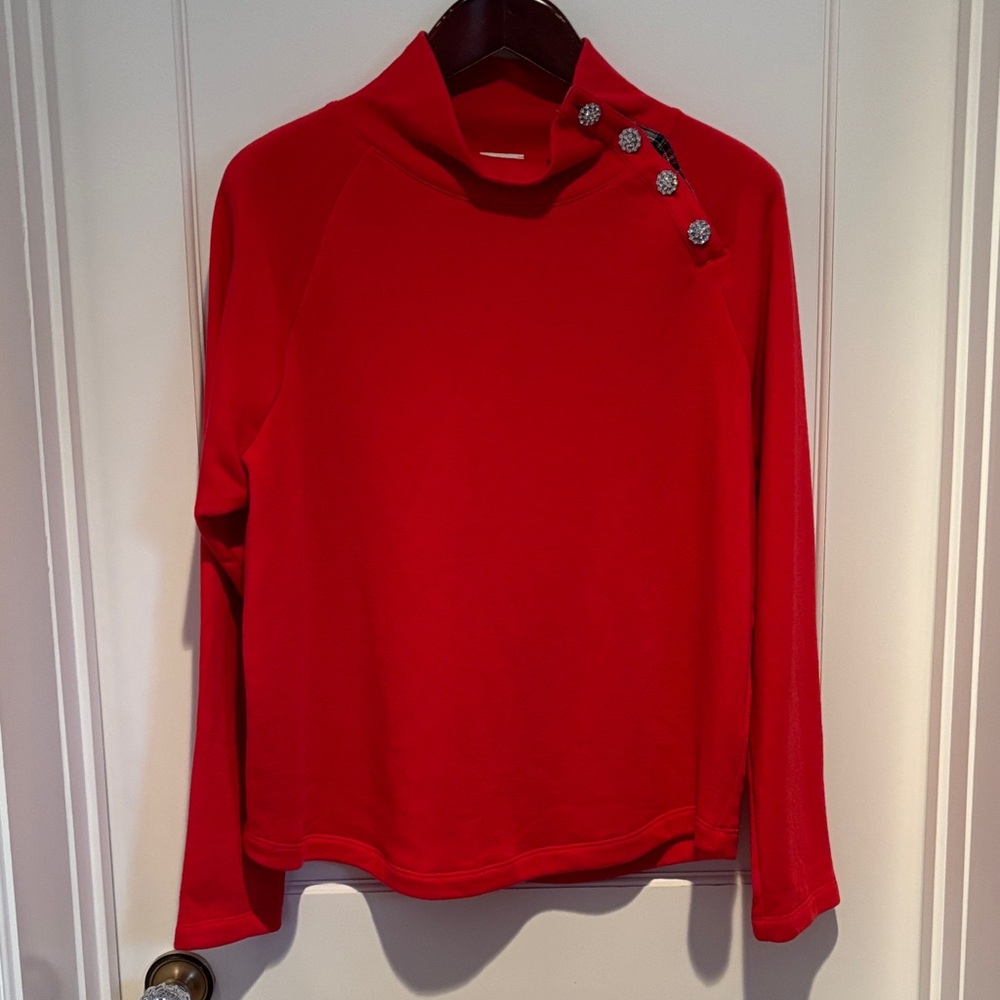 NWT J Crew Factory Tartan Wide Jeweled Button-Neck Pullover in Classic Red